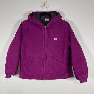 Carhartt Sierra Duck Canvas Chore Jacket Girls Large 14 Sherpa Line Plum Caspia